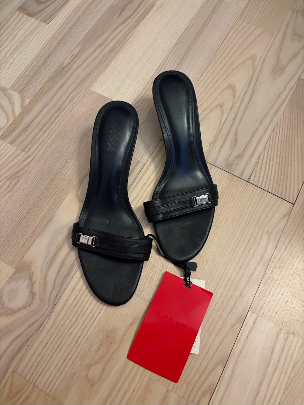 Mango Black Leather Slide Heels with Silver Buckle